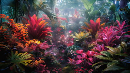 A diverse array of colorful tropical plants and foliage in a dense, misty rainforest environment.
