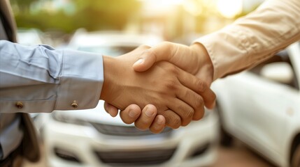 Professional handshake at car dealership with sunflare