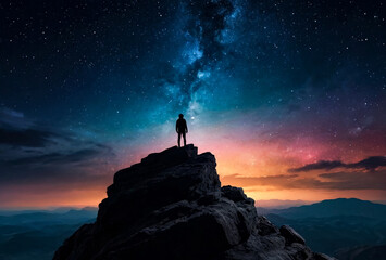 Silhouette of man standing on high rock at night sky with stars rise, nebula background. Perfect picture of night landscape. Fairy tale cosmic concept. Copy ad text space. Generative Ai illustration