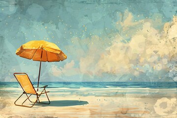 a chair and umbrella on a beach - obrazy, fototapety, plakaty