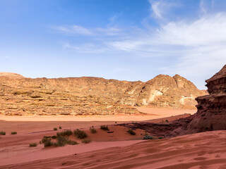 The unique and various rock formations in Wadi Rum desert in Jordan