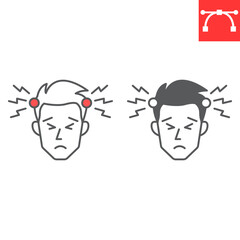 Headache line and glyph icon, body pain and human disease, migraine vector icon, vector graphics, editable stroke outline sign, eps 10.