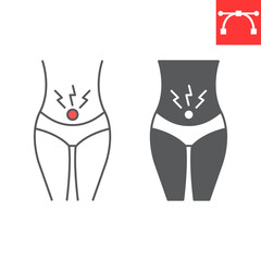 Menstrual cramps line and glyph icon, body pain and human disease, painful menses vector icon, vector graphics, editable stroke outline sign, eps 10.