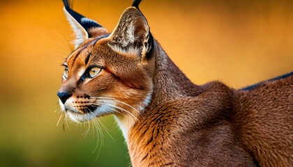 An elegant caracal cat is captured in profile, its tufted ears backlit by the golden hues of twilight.