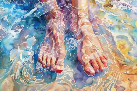 A colorful watercolor painting depicts a pair of feet submerged in water at the beach.