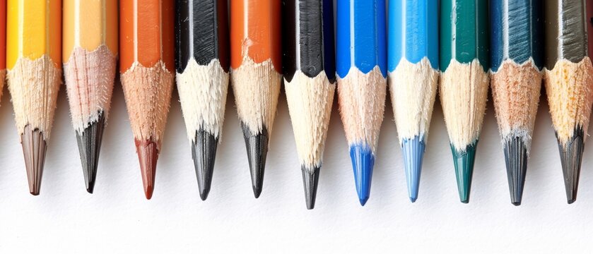  A row of colorful pencils, neatly arranged on a white background, with the white pencil tips aligned