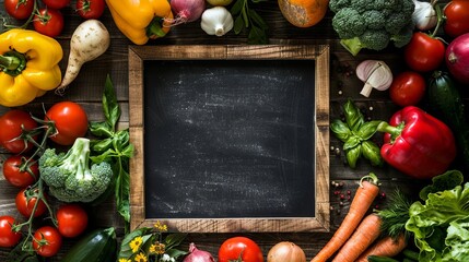 Blackboard with copy space on wooden table surrounded in the style of fresh vegetables in background