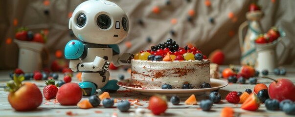 Fototapeta na wymiar Cartoon Delivery Robot with Cake: Bright Fruits and Berries in Decoration