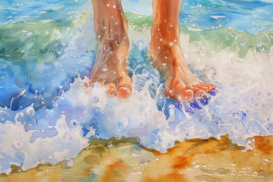 A colorful watercolor painting depicts a pair of feet submerged in water at the beach.