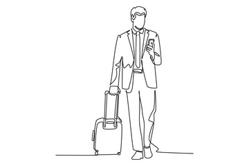 Happy business man goes to work carrying a suitcase while using a smartphone. Group of diverse businesspeople minimalist concept. Lifestyle at city. Work life balance.