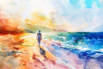Fototapeta premium Watercolor paintings of people walking along the beach add to the tranquil atmosphere.