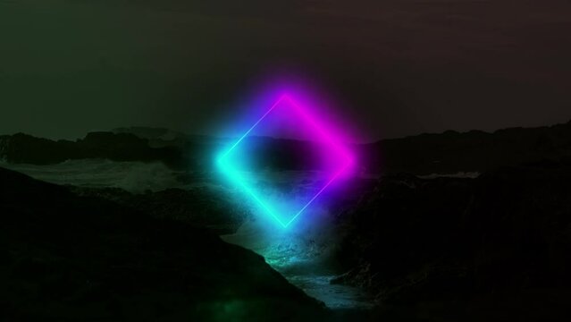 海岸に浮かぶ怪しいネオンの光の菱形ダイアモンド　SF・都市伝説・陰謀・科学・宇宙の背景　