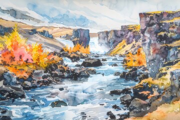 Watercolor river flowing between rocky cliffs decorated with autumn trees in Iceland - obrazy, fototapety, plakaty