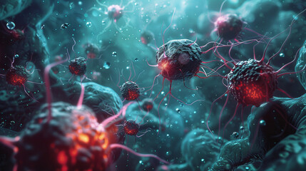 Witness the dynamic interplay between nanorobots and cancerous cells, as they selectively destroy tumors while leaving healthy tissues unharmed, offering new hope in the fight against cancer. 32K. - obrazy, fototapety, plakaty