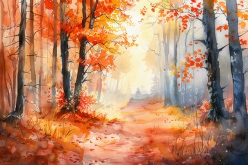 Watercolor illustration of an autumn forest walkway through a city park decorated with orange trees and russet maple leaves.