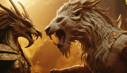 An epic scene of two mythical creatures, a dragon and a lion, engaged in a fierce battle against a dramatic sunset backdrop.
