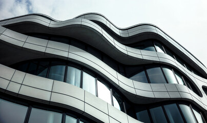 A modern building with a curved facade and large windows. Wavy futuristic design