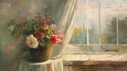 Impressionist painting of flowers by a sunny window.