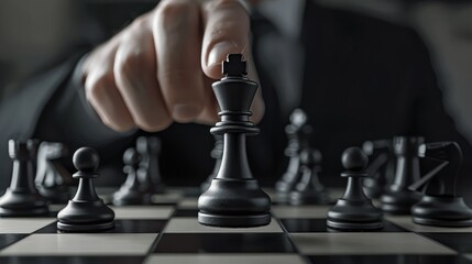 Strategic Business Decisions: Businessman Playing Chess, Moving Pawn Piece - AI generated