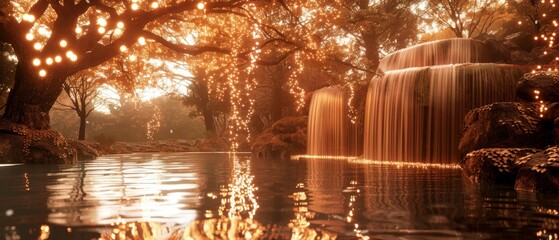  A waterfall lit by hanging lights, surrounded by a pond and a tree