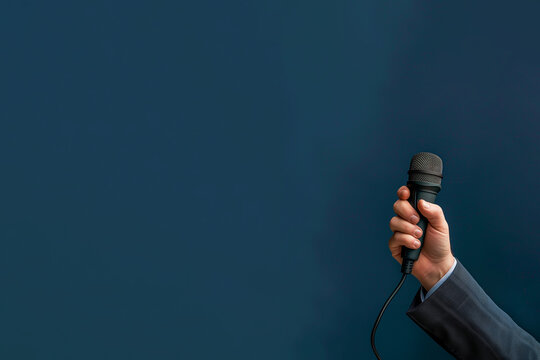 main tenant un microphone, ou micro d'un homme portant un costume et une chemise. Fond bleu canard fonc&eacute; (teal)  avec espace n&eacute;gatif copy space. Droit de parole, libert&eacute; de la Presse