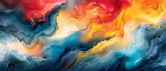   an abstract canvas with vivid red, yellow, blue, and orange hues against a pure white backdrop