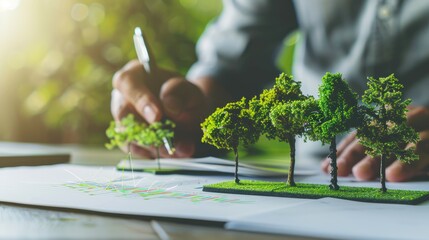 Environmental Business Strategy: Professional Analyzing Eco-Sustainable Growth with Miniature Trees - AI generated