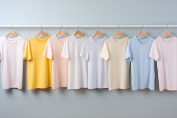 Pastel colored t-shirts hanging on hangers, grey background, fresh and stylish, copy space