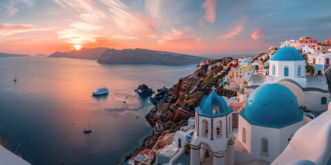 A panoramic view of Santorini, Greece at sunset with the iconic blue domes and white buildings overlooking the sea