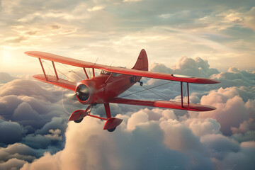a red airplane flying in the sky - obrazy, fototapety, plakaty