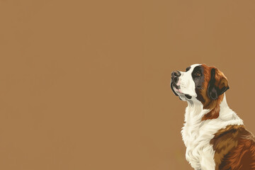 chien de race Saint Bernard à poils longs assis de profil regardant vers son maître, sur fond marron avec espace négatif copy space