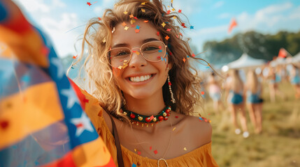 Smiling woman with American flag and confetti at outdoor festival. Patriotic celebration portrait with bokeh effect. Independence Day and national pride concept for design and print - obrazy, fototapety, plakaty