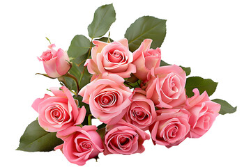 Set of beautiful pink roses in full bloom, with soft petals and green leaves, cut out