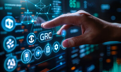 Person's hand interacts with holographic icons representing banking, settings, alert, GRC governance, risk, compliance, scales of justice, integration of technology in finance & regulatory compliance