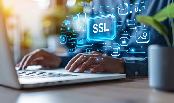 Person Using Laptop with Virtual Interface Displaying SSL (Secure Sockets Layer) and Security Icons for Encrypted Internet Communication and Data Protection