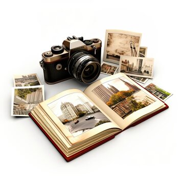 Vintage collage with photos and tourist postcards. Travel memories. A lot of papers and sheets. Photo album and camera. AI generated