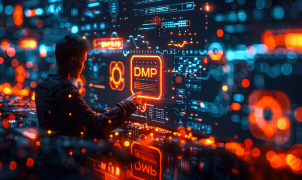 Person Presenting the Concept of DMP (Data Management Platform) Surrounded by Related Icons Representing Data Collection, Analysis, and Targeted Marketing