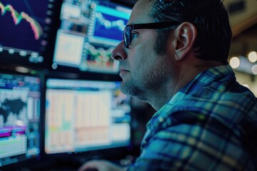 A financial analyst deeply focused on forecasting trends with dual computer monitors