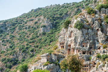 Ruins of old lycian rock tombs in ancient Myra city near town Demre, Antalya province - 765529746