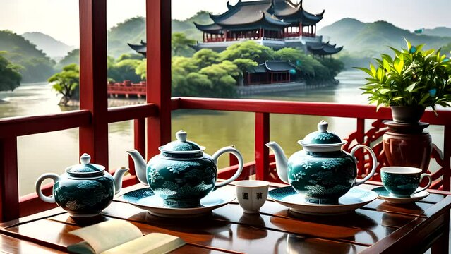Traditional tea in the Japanese restaurant with a temple view. Seamless looping time-lapse 4k video animation background