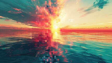 A pixelated sunset over a digital ocean blurring the lines between virtual and reality