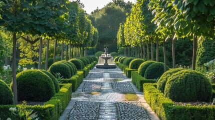 A perfectly manicured garden path leading to an exclusive estate with topiaries and fountains