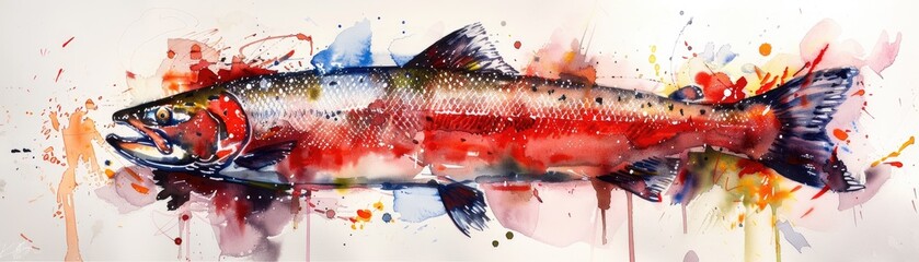 An artistic representation of salmon in watercolor highlighting the fishs vibrant hues and sleek form