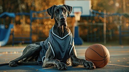 A Great Dane as a basketball player with a jersey and basketball