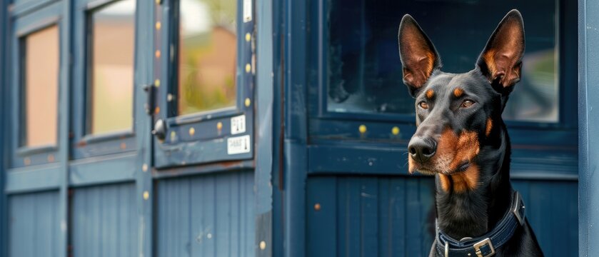 A Doberman in security guard attire standing alert next to a miniature security booth