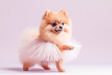 Fototapeta premium Adorable Fluffy Pomeranian Dog in Tutu Skirt Posing on Soft Purple Background Cute Pet Fashion Concept