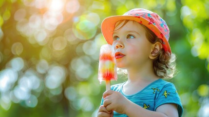 Ice cream cute kid with ice lolly. Copy space for text. Generative AI