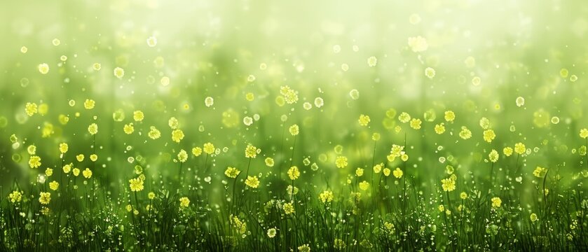  A clear photo of colorful flowers and dewed grass illuminated by sunlight
