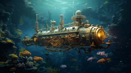Fototapeten A steampunk submarine exploring the depths of the ocean © Little