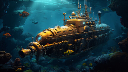 A steampunk submarine exploring the depths of the ocean